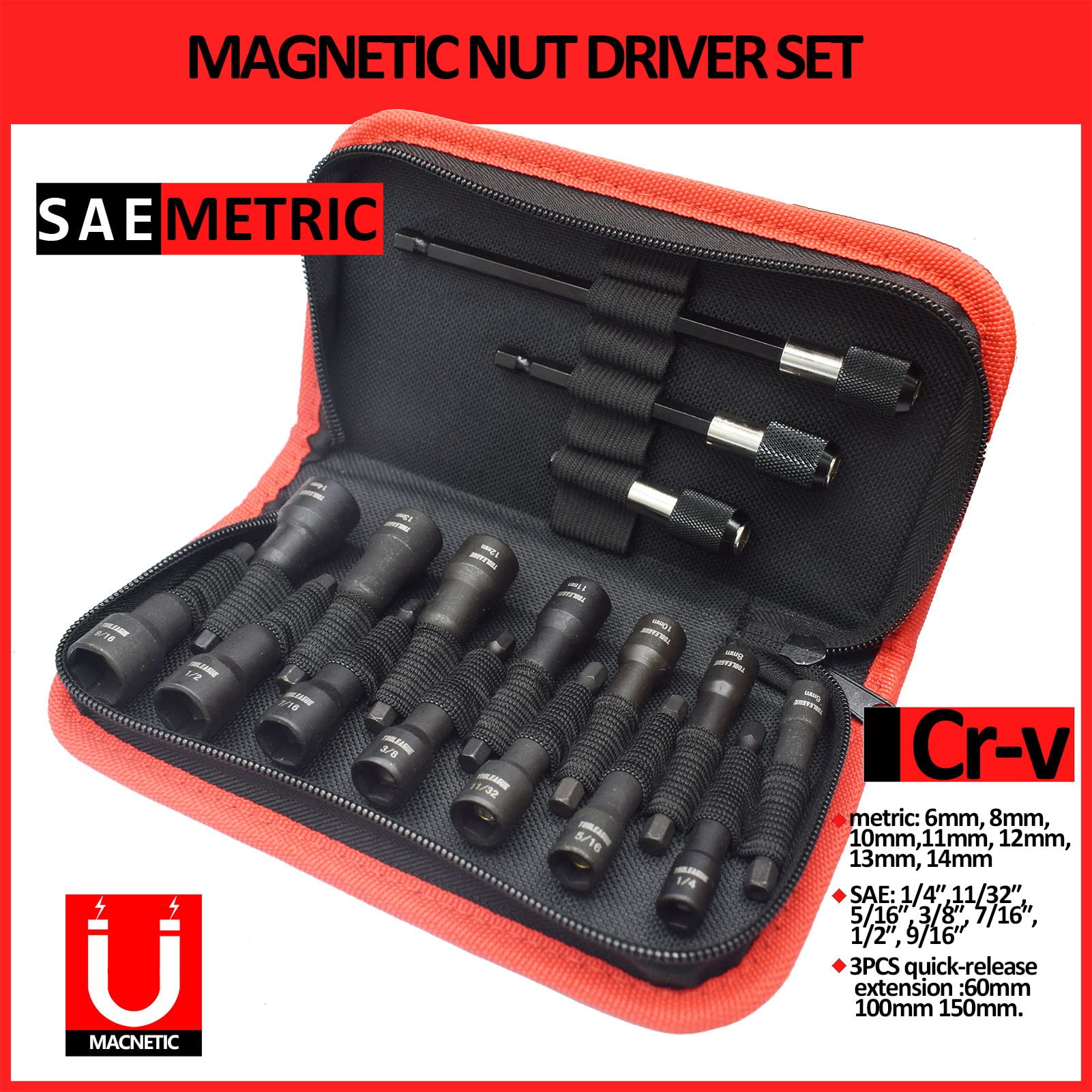 TOOLEAGUE Magnetic Nut Driver Set for Impact Drill Cr-V Steel 1/4" Quick-Change Hex Shank 17 Piece Metric/SAE Screwdriver with Storage Bag