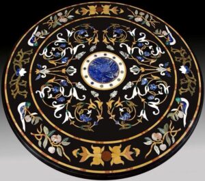 natural black marble round 24" x 24" inch coffee table top, pietra dura semi precious stones inlay centre table top, patio table top, side table top, piece of conversation, family heir loom