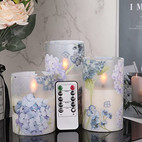 DRomance Hydrangea Glass Flameless Candles with Remote Timer Battery Operated LED Flickering Pillar Candles Real Wax Spring Dinner Christmas Holiday Decor D3 x H4, 5", 6"