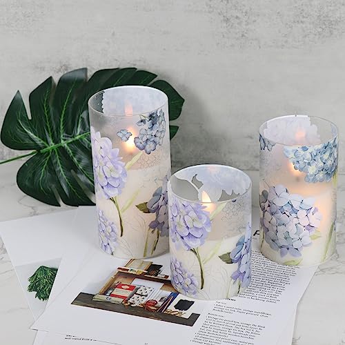 DRomance Hydrangea Glass Flameless Candles with Remote Timer Battery Operated LED Flickering Pillar Candles Real Wax Spring Dinner Christmas Holiday Decor D3 x H4, 5", 6"