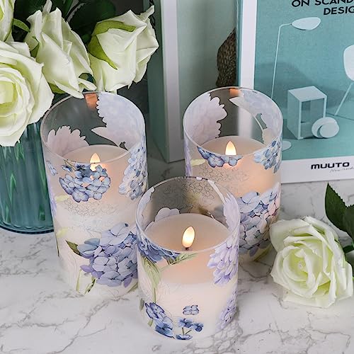 DRomance Hydrangea Glass Flameless Candles with Remote Timer Battery Operated LED Flickering Pillar Candles Real Wax Spring Dinner Christmas Holiday Decor D3 x H4, 5", 6"