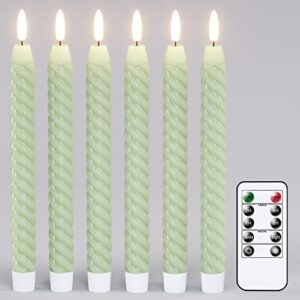lasumora christmas flameless taper candles flickering with 10-key remote, battery operated 3d wick led spiral window candles 6 pack real wax wedding home birthday christmas decor(0.78 x 9.8 inchs)