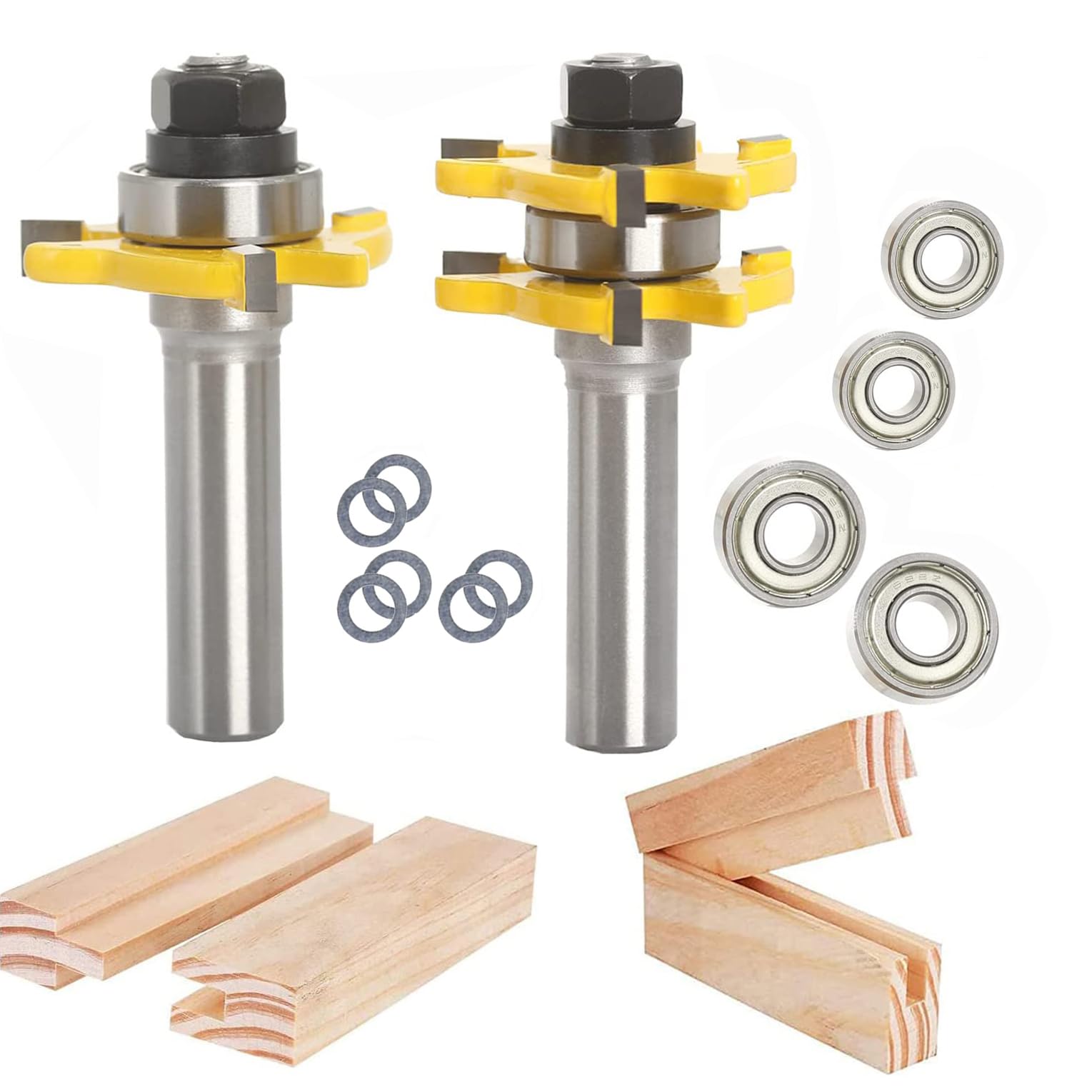 Sinoprotools Tongue and Groove Router Bit Set 1/2 Inch Shank, 1-3/4" Cutting Diameter, 3 Teeth Adjustable T Shape Wood Milling Cutter, 2pcs Tongue and Groove Router Bits for Woodworking