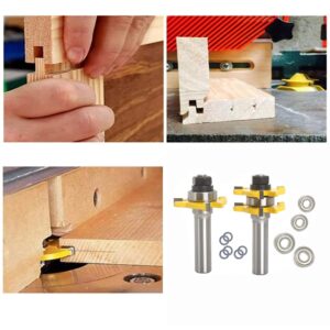 Sinoprotools Tongue and Groove Router Bit Set 1/2 Inch Shank, 1-3/4" Cutting Diameter, 3 Teeth Adjustable T Shape Wood Milling Cutter, 2pcs Tongue and Groove Router Bits for Woodworking