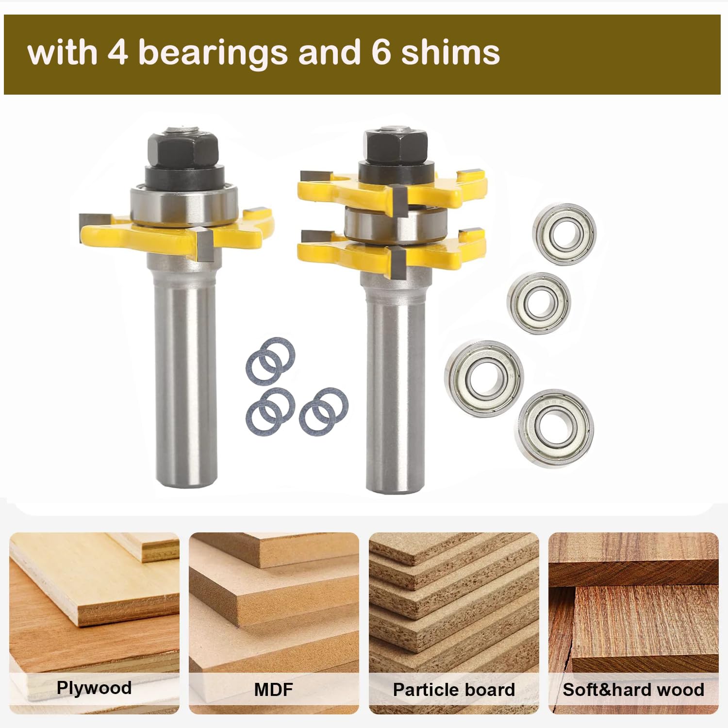 Sinoprotools Tongue and Groove Router Bit Set 1/2 Inch Shank, 1-3/4" Cutting Diameter, 3 Teeth Adjustable T Shape Wood Milling Cutter, 2pcs Tongue and Groove Router Bits for Woodworking