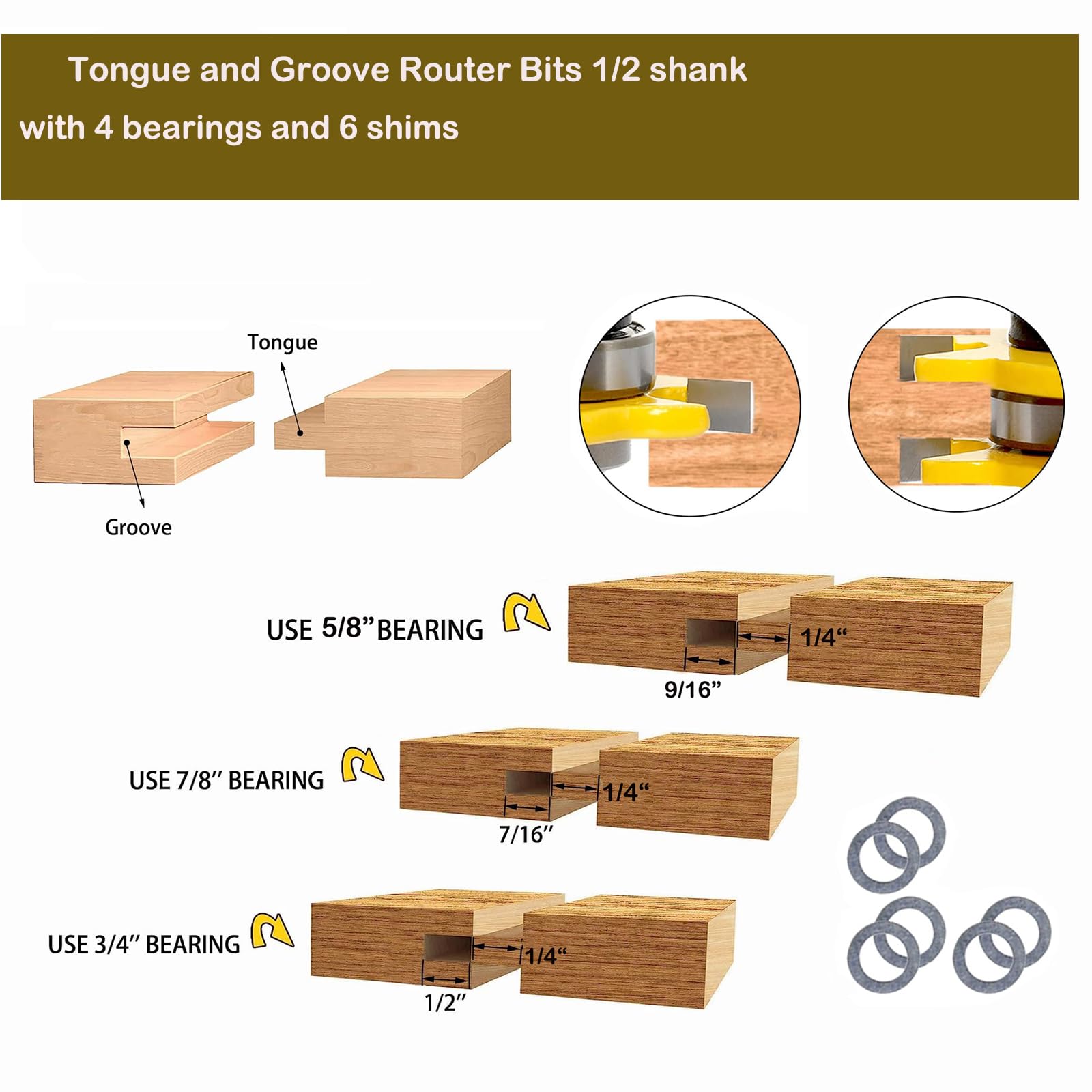 Sinoprotools Tongue and Groove Router Bit Set 1/2 Inch Shank, 1-3/4" Cutting Diameter, 3 Teeth Adjustable T Shape Wood Milling Cutter, 2pcs Tongue and Groove Router Bits for Woodworking