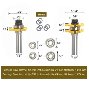 Sinoprotools Tongue and Groove Router Bit Set 1/2 Inch Shank, 1-3/4" Cutting Diameter, 3 Teeth Adjustable T Shape Wood Milling Cutter, 2pcs Tongue and Groove Router Bits for Woodworking