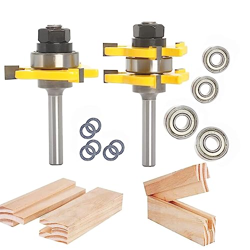 Sinoprotools Tongue and Groove Router Bits 1/4 Inch Shank, 1-3/4" Cutting Diameter, 3 Teeth T Shape Wood Milling Cutter, Tongue and Groove Router Bits for Joiner Woodworking