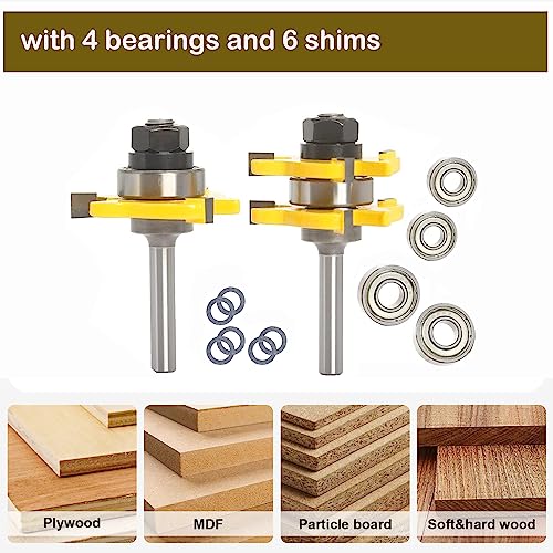 Sinoprotools Tongue and Groove Router Bits 1/4 Inch Shank, 1-3/4" Cutting Diameter, 3 Teeth T Shape Wood Milling Cutter, Tongue and Groove Router Bits for Joiner Woodworking