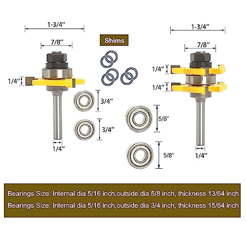 Sinoprotools Tongue and Groove Router Bits 1/4 Inch Shank, 1-3/4" Cutting Diameter, 3 Teeth T Shape Wood Milling Cutter, Tongue and Groove Router Bits for Joiner Woodworking