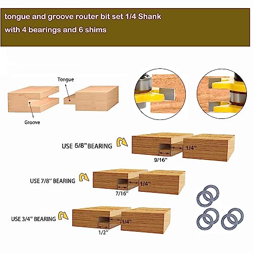 Sinoprotools Tongue and Groove Router Bits 1/4 Inch Shank, 1-3/4" Cutting Diameter, 3 Teeth T Shape Wood Milling Cutter, Tongue and Groove Router Bits for Joiner Woodworking