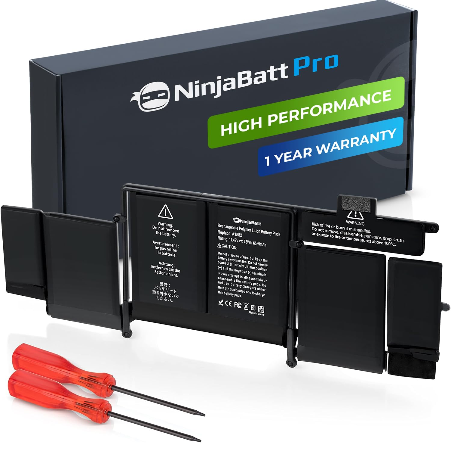 NinjaBatt Battery A1502 A1582 for Apple MacBook Pro Retina 13” A1493 [Early 2015, Mid 2014, Late 2013] - High Performance [75Wh/11.42V]