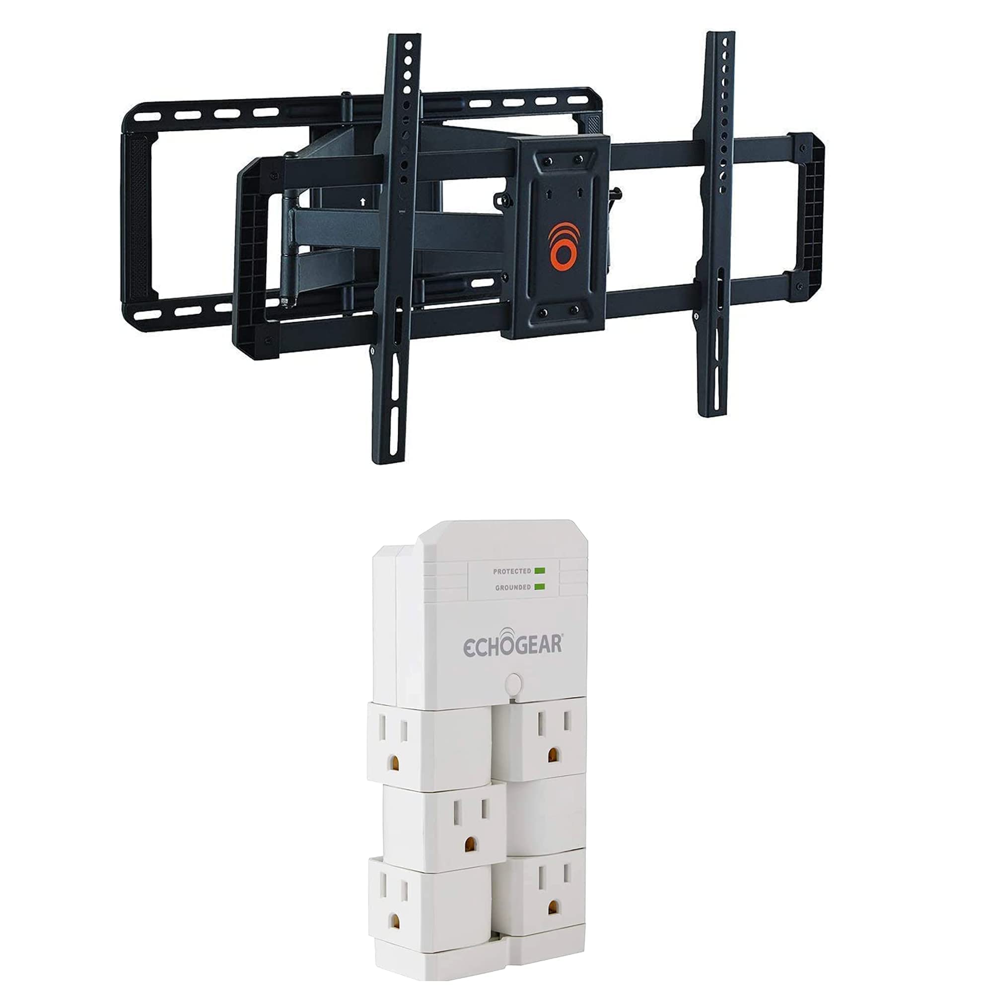 ECHOGEAR Full Motion TV Wall Mount for Big TVs Up to 90" & On-Wall Surge Protector with 6 Pivoting Outlets - Smooth Swivel, Tilt & Extension Mount - 1080 Joules of Surge Protection