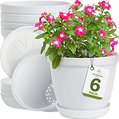 Sierra Concepts Flower Plant Pots for Planters 6 Inch - Set of 6 Plastic Planter Pot Modern Indoor Outdoor for Small Planting, Succulent Plants, Nursery, Orchid, House, Office Décor, Gardening, White