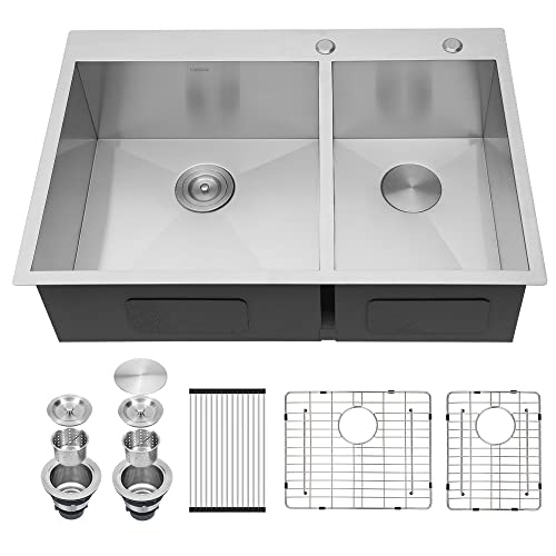 33 Kitchen Sink Drop In - Kichae 33 Inch Kitchen Sink Double Bowl 60/40 Stainless Steel 18 Gauge Drop In Top Mount Overmount Kitchen Sink Basin