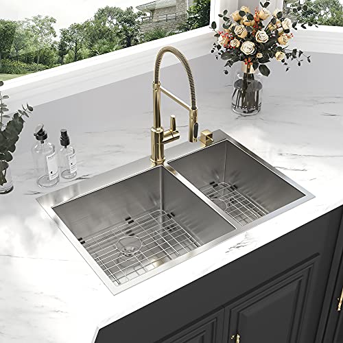 33 Kitchen Sink Drop In - Kichae 33 Inch Kitchen Sink Double Bowl 60/40 Stainless Steel 18 Gauge Drop In Top Mount Overmount Kitchen Sink Basin