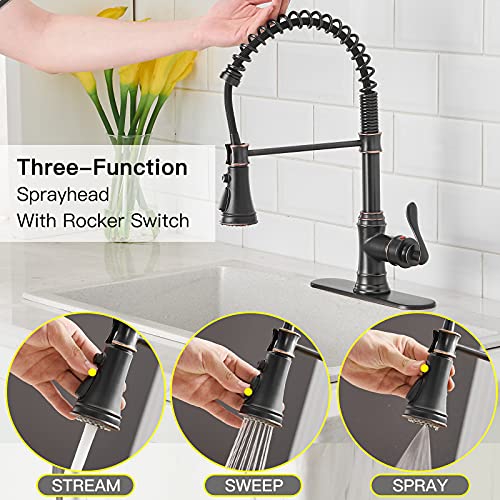 Evolvegoods Touch Kitchen Faucet with Pull Down Sprayer 3 Modes Oil Rubbed Bronze Spring Commercial Single Handle One Hole High Arc Goose Neck Touch Activated Faucet for Kitchen Sink Solid Brass