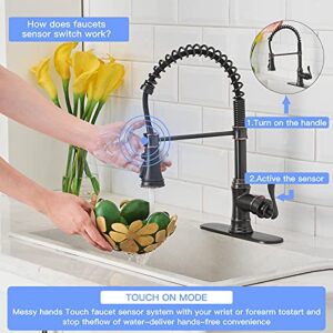 Evolvegoods Touch Kitchen Faucet with Pull Down Sprayer 3 Modes Oil Rubbed Bronze Spring Commercial Single Handle One Hole High Arc Goose Neck Touch Activated Faucet for Kitchen Sink Solid Brass