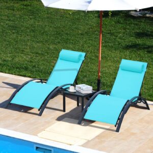 athlike 3 pcs poolchairs patio chaise lounge set with headrest, 5-level adjustable sunbathing tanning poolside recliner chairs with side table for outdoor beach (blue, 2 chairs and 1 table)