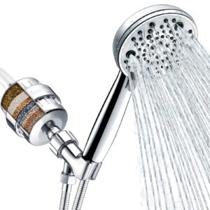 filtered shower head combo, includes 20 stage shower filter head, high pressure handheld spray showerhead, hose, shower arm mount holder, for hard well water chlorine, chrome (s20)
