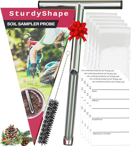 SturdyShape Soil Probe. The Soil Sample Probe is Polished Inside, 12in, Stainless Steel 304. Soil Probe with Handle Comes with 5Bags&1Brush&5Labels- Soil Srobes for Soil Sampling will Get Dirt Samples