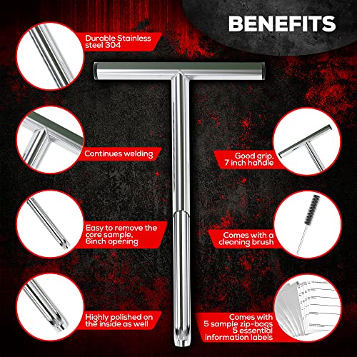 SturdyShape Soil Probe. The Soil Sample Probe is Polished Inside, 12in, Stainless Steel 304. Soil Probe with Handle Comes with 5Bags&1Brush&5Labels- Soil Srobes for Soil Sampling will Get Dirt Samples