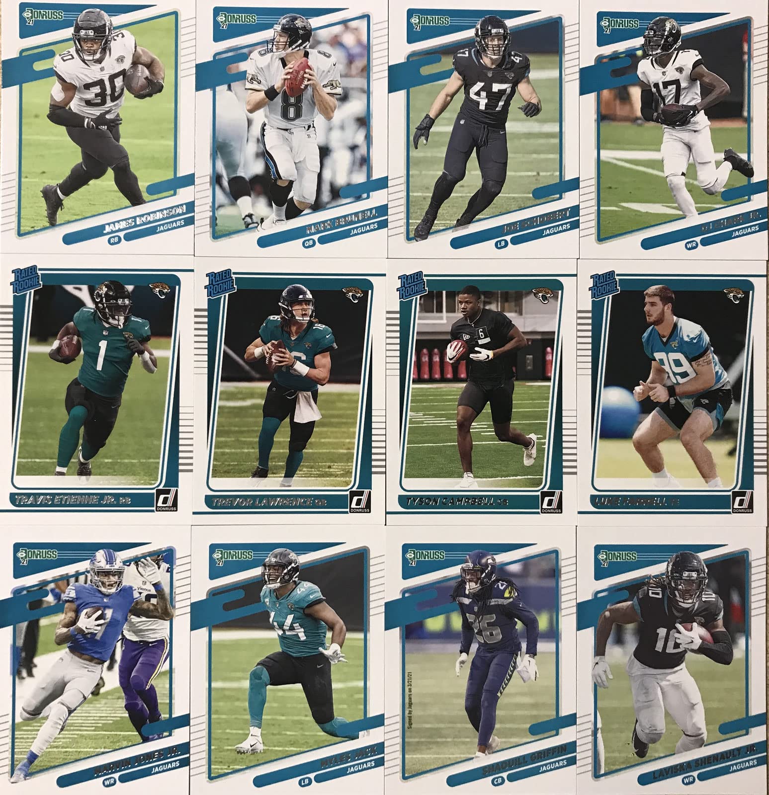 Jacksonville Jaguars 2021 Donruss Factory Sealed 13 Card Team Set with Trevor Lawrence Rated Rookie Card #251