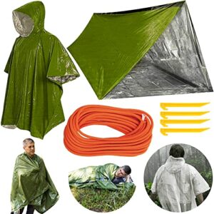 10 piece emergency survival shelter kit - 1 emergency tent, 1 emergency sleeping bag, 1 emergency blanket, 1 summer poncho, 1 winter poncho and more! perfect for edc, car kit, bugout or get home bag.