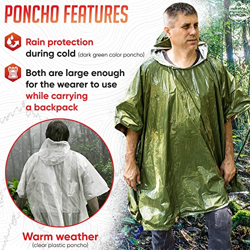 10 Piece Emergency Survival Shelter Kit - 1 Emergency Tent, 1 Emergency Sleeping Bag, 1 Emergency Blanket, 1 Summer Poncho, 1 Winter Poncho and More! Perfect for EDC, Car Kit, Bugout or Get Home Bag.