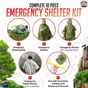 10 Piece Emergency Survival Shelter Kit - 1 Emergency Tent, 1 Emergency Sleeping Bag, 1 Emergency Blanket, 1 Summer Poncho, 1 Winter Poncho and More! Perfect for EDC, Car Kit, Bugout or Get Home Bag.