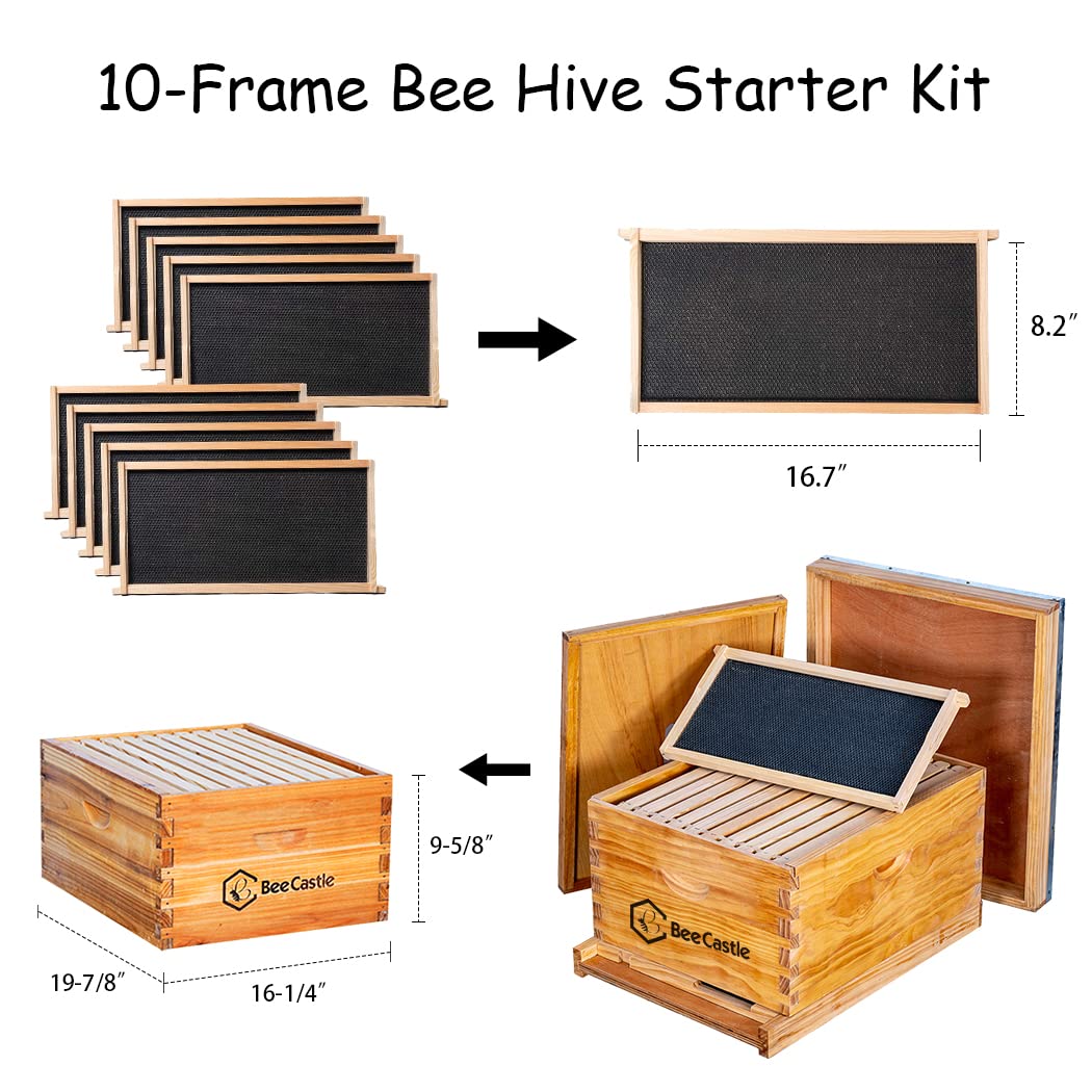 BeeCastle 10-Frame Bee Hives and Supplies Starter Kit,Beehive Kit Dipped in 100% Beeswax,Bee Keeping Supplies-All Beginners Kit Includes Beekeeping Supplies Tool Set and Bee Suit.