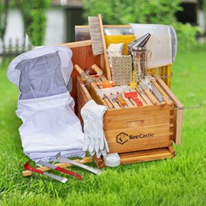 BeeCastle 8-Frame Bee Hives and Supplies Starter Kit,Beehive Kit Dipped in 100% Beeswax,Bee Keeping Supplies-All Beginners Kit Includes Beekeeping Supplies Tool Set and Bee Suit.