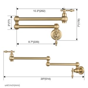 WOWOW Gold Pot Filler Faucet, Wall Mount Copper Folding Faucet 2 Handle with Double Joint Swing Arms, Single Hole Brass Commercial Kitchen Faucet Over Stove