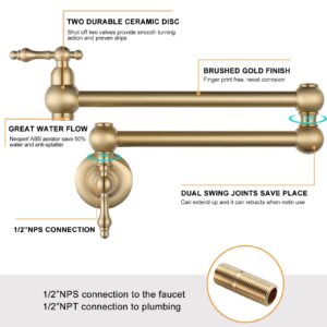 WOWOW Gold Pot Filler Faucet, Wall Mount Copper Folding Faucet 2 Handle with Double Joint Swing Arms, Single Hole Brass Commercial Kitchen Faucet Over Stove