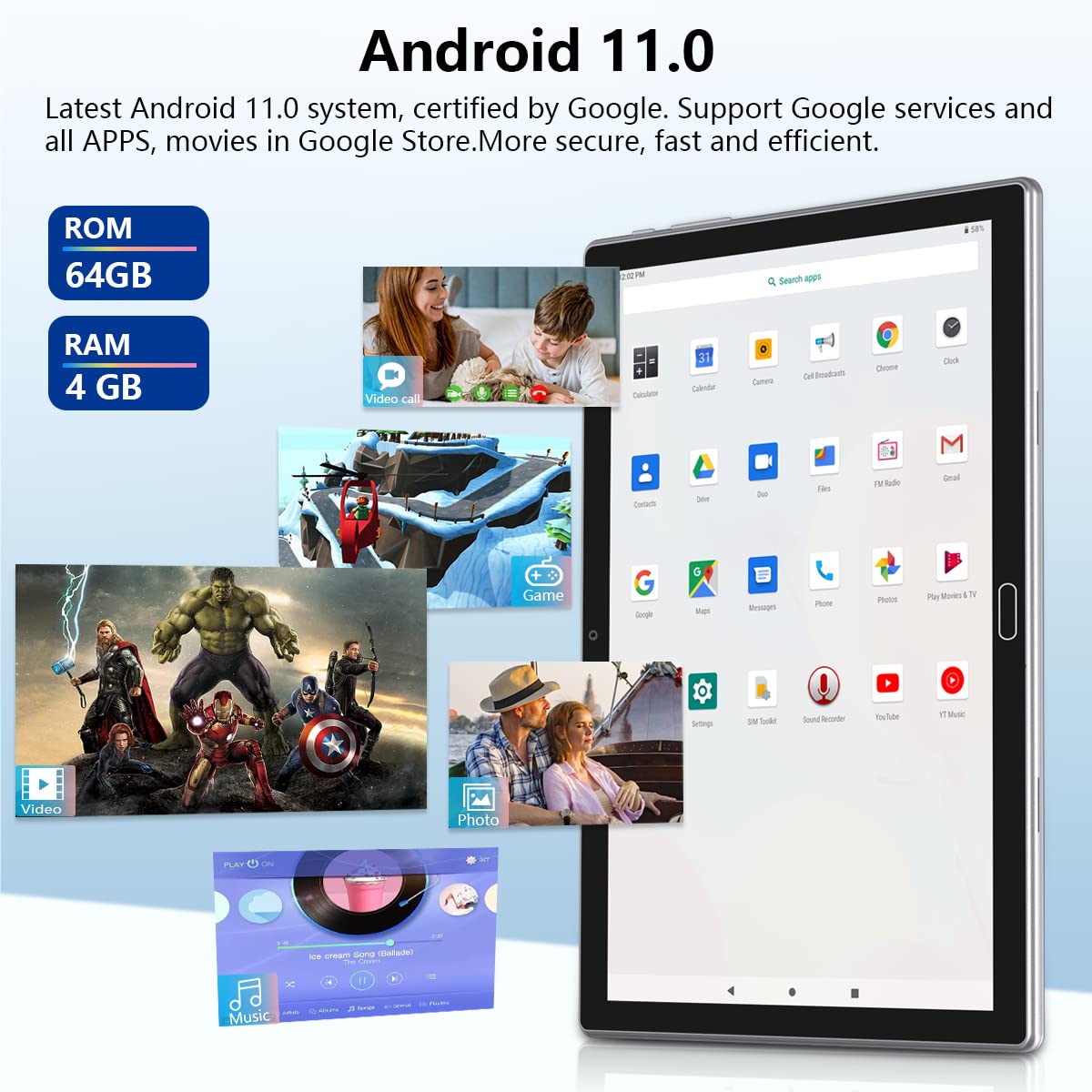 Tablet 10 inch Android 11 Tablet 2024 Latest Update 4G Phone Tablet 64GB + 4GB Storage Octa-Core Processor, 13MP Camera, Dual SIM Card Slot, 128GB Expand Support, GPS, WiFi, Bluetooth, 1080P HD (Gray)
