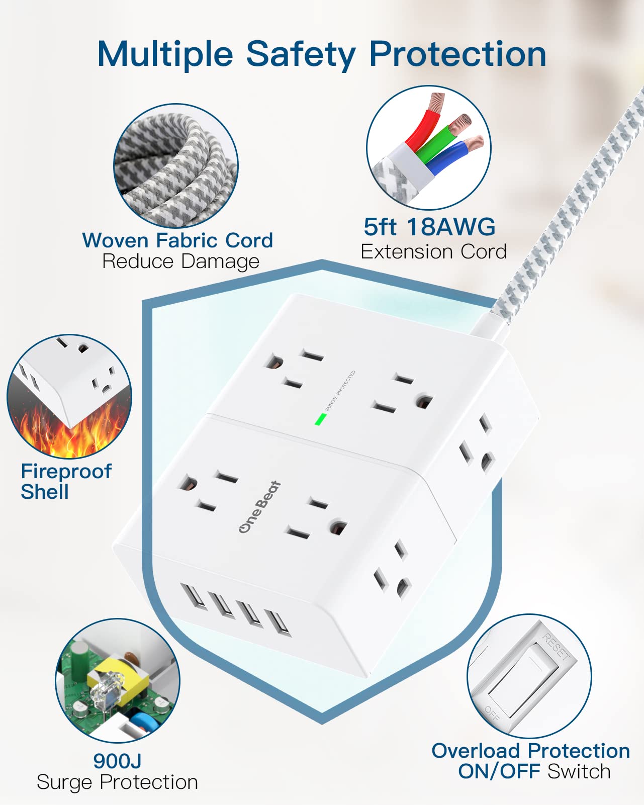 Power Strip Surge Protector with USB, 8 Widely Outlets 4 USB Ports 6Ft Extension Cord Flat Plug, 3 Sided Wall Outlet Extender Desktop Charging Station for Home Office Travel Dorm, 1080J