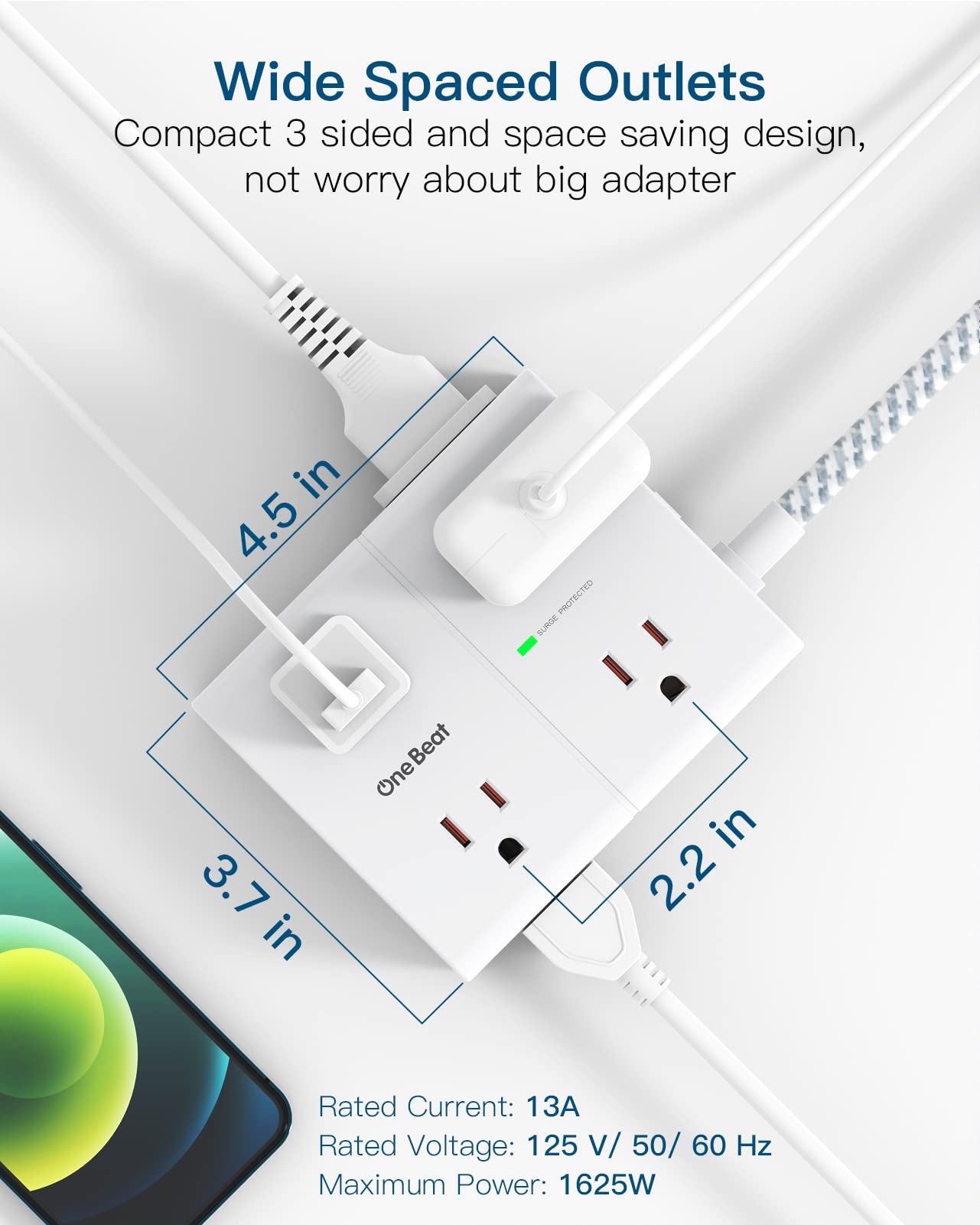 Power Strip Surge Protector with USB, 8 Widely Outlets 4 USB Ports 6Ft Extension Cord Flat Plug, 3 Sided Wall Outlet Extender Desktop Charging Station for Home Office Travel Dorm, 1080J