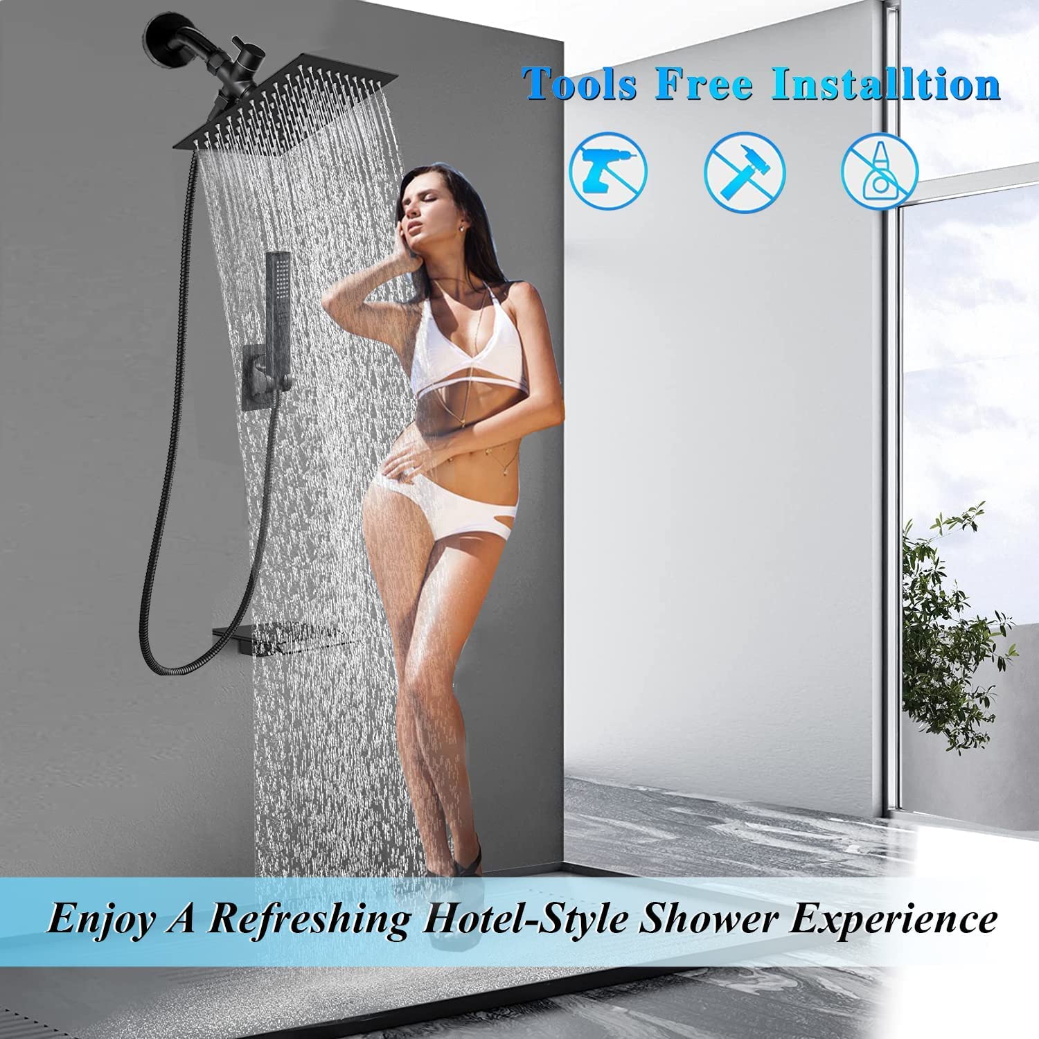 Shower Head, 8'' Matte Black Shower Head with hose, 2 in 1 Setting High Pressure Shower Heads, Anti-leak Rainfall Shower Head with Holder, Dual Rain Shower Head with Handheld Spray, Bellearlly