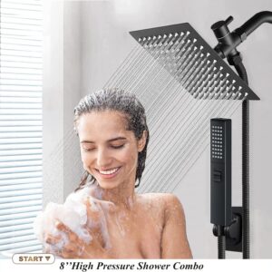 Shower Head, 8'' Matte Black Shower Head with hose, 2 in 1 Setting High Pressure Shower Heads, Anti-leak Rainfall Shower Head with Holder, Dual Rain Shower Head with Handheld Spray, Bellearlly