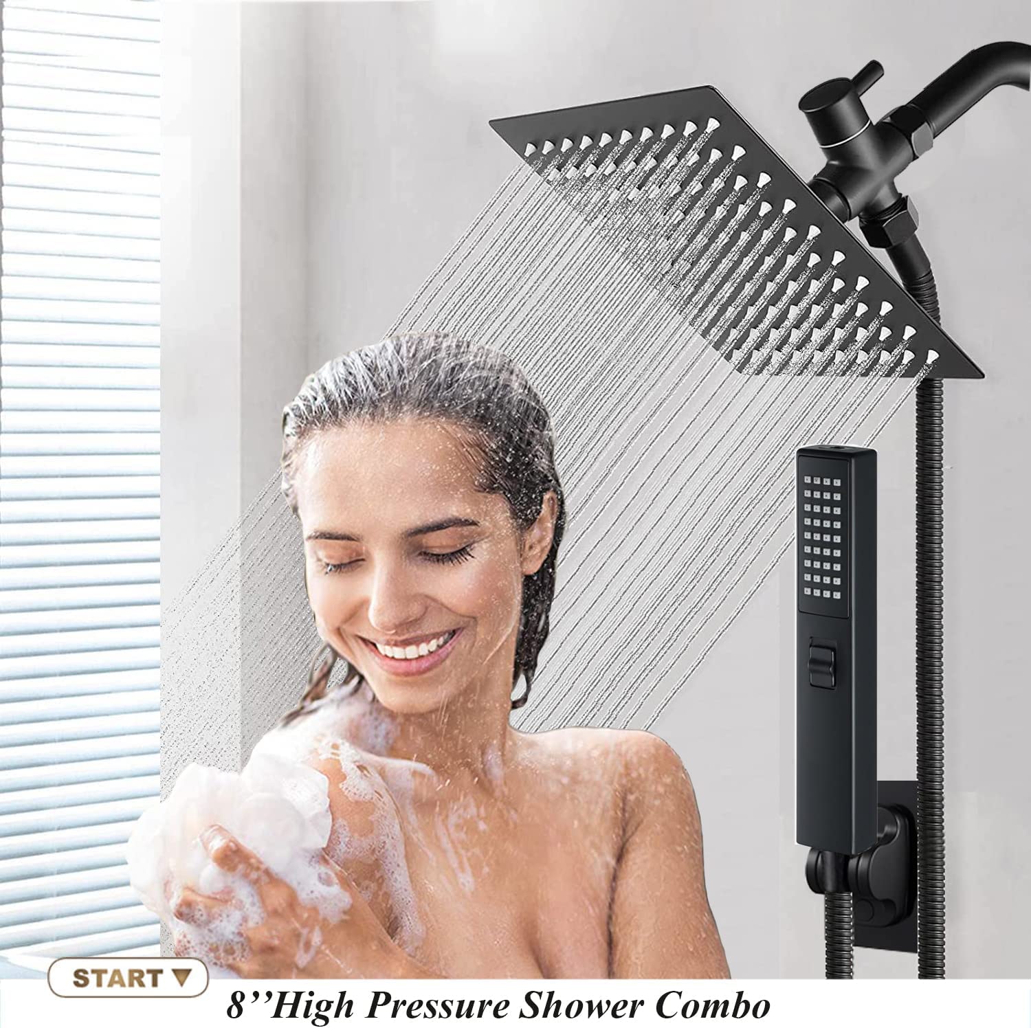 Shower Head, 8'' Matte Black Shower Head with hose, 2 in 1 Setting High Pressure Shower Heads, Anti-leak Rainfall Shower Head with Holder, Dual Rain Shower Head with Handheld Spray, Bellearlly