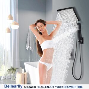 Shower Head, 8'' Matte Black Shower Head with hose, 2 in 1 Setting High Pressure Shower Heads, Anti-leak Rainfall Shower Head with Holder, Dual Rain Shower Head with Handheld Spray, Bellearlly