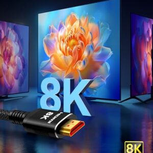 Snowkids 10K 8K HDMI 2.1 Cable 15FT, 48Gbps Ultra High Speed Long HDMI Cable 8K/60Hz 4K/120Hz 144Hz Braided Black HDMI Cord eARC HDR10 HDCP 2.2&2.3 Compatible with Roku TV/PS5/HDTV and More