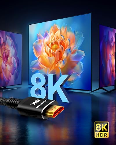 Snowkids 10K 8K HDMI 2.1 Cable 15FT, 48Gbps Ultra High Speed Long HDMI Cable 8K/60Hz 4K/120Hz 144Hz Braided Black HDMI Cord eARC HDR10 HDCP 2.2&2.3 Compatible with Roku TV/PS5/HDTV and More