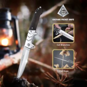 edcfans Folding Pocket Knife with Clip for Men Everyday Carry, EDC Camping Knives with Glass Breaker, Locking Liner and Wood Handle, Cool Tactical knifes for Outdoor Survival Hiking hunting Fishing