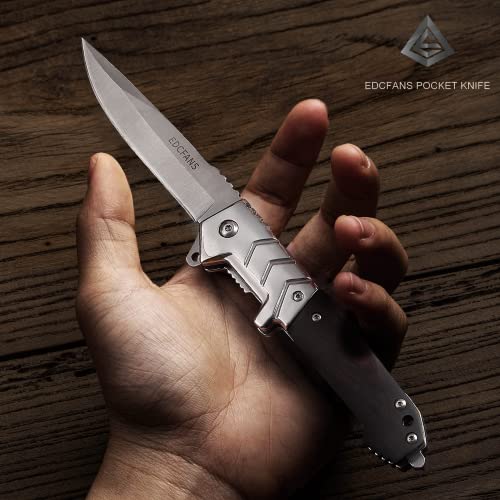 edcfans Folding Pocket Knife with Clip for Men Everyday Carry, EDC Camping Knives with Glass Breaker, Locking Liner and Wood Handle, Cool Tactical knifes for Outdoor Survival Hiking hunting Fishing