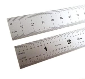 shinwa 24 inch rigid stainless steel machinist ruler english/metric graduations (1/64, 1/32, mm and .5mm) satin chrome finish
