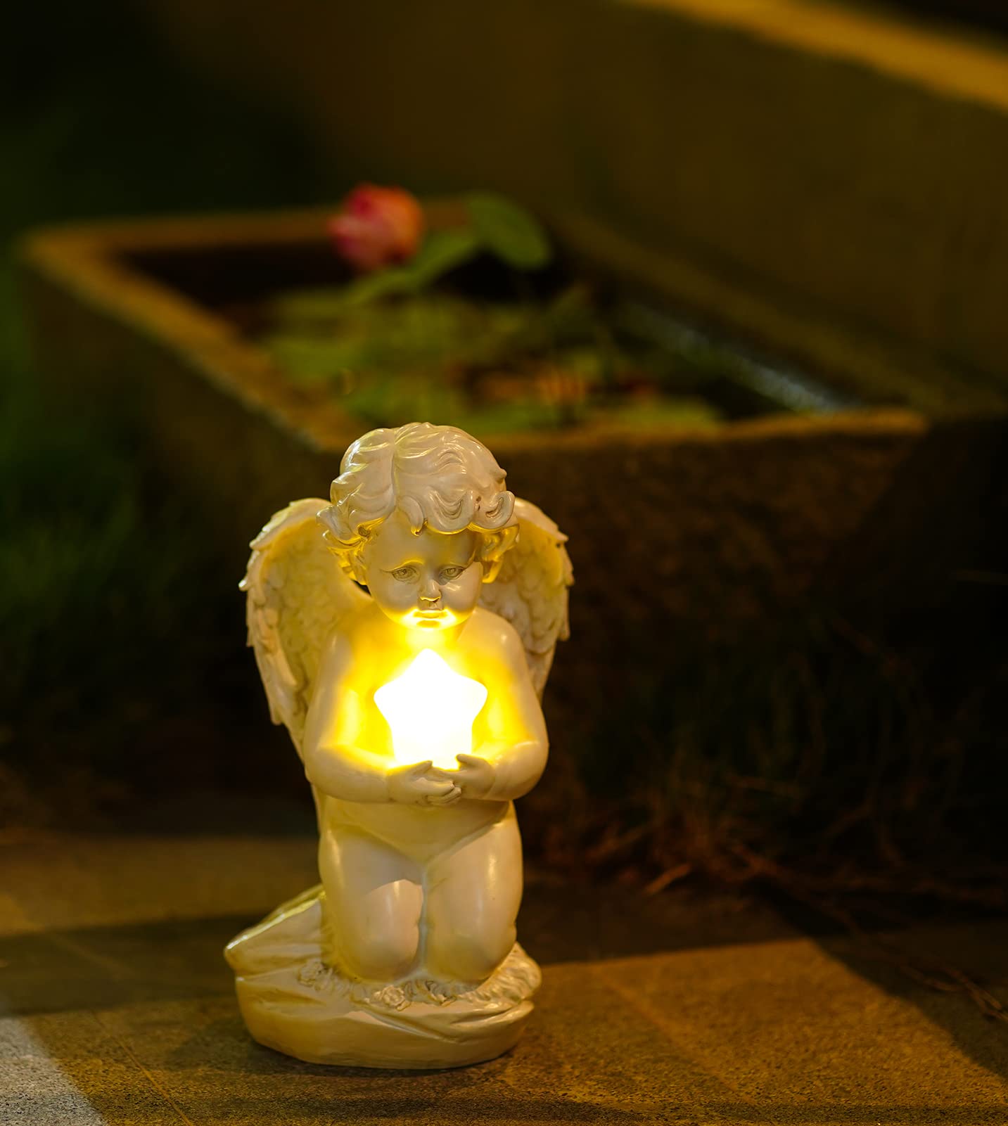 HONGRUIART Solar Powered Cherub Angel Light, Kneeling Praying Cherub Angel Statue with Solar Star Lights Garden Angel Decor for Home Outdoor Patio Lawn Mother's Day Remembrance Gifts