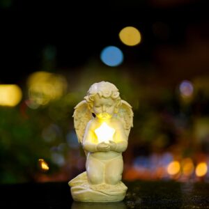 HONGRUIART Solar Powered Cherub Angel Light, Kneeling Praying Cherub Angel Statue with Solar Star Lights Garden Angel Decor for Home Outdoor Patio Lawn Mother's Day Remembrance Gifts