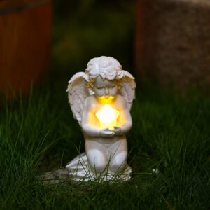 HONGRUIART Solar Powered Cherub Angel Light, Kneeling Praying Cherub Angel Statue with Solar Star Lights Garden Angel Decor for Home Outdoor Patio Lawn Mother's Day Remembrance Gifts