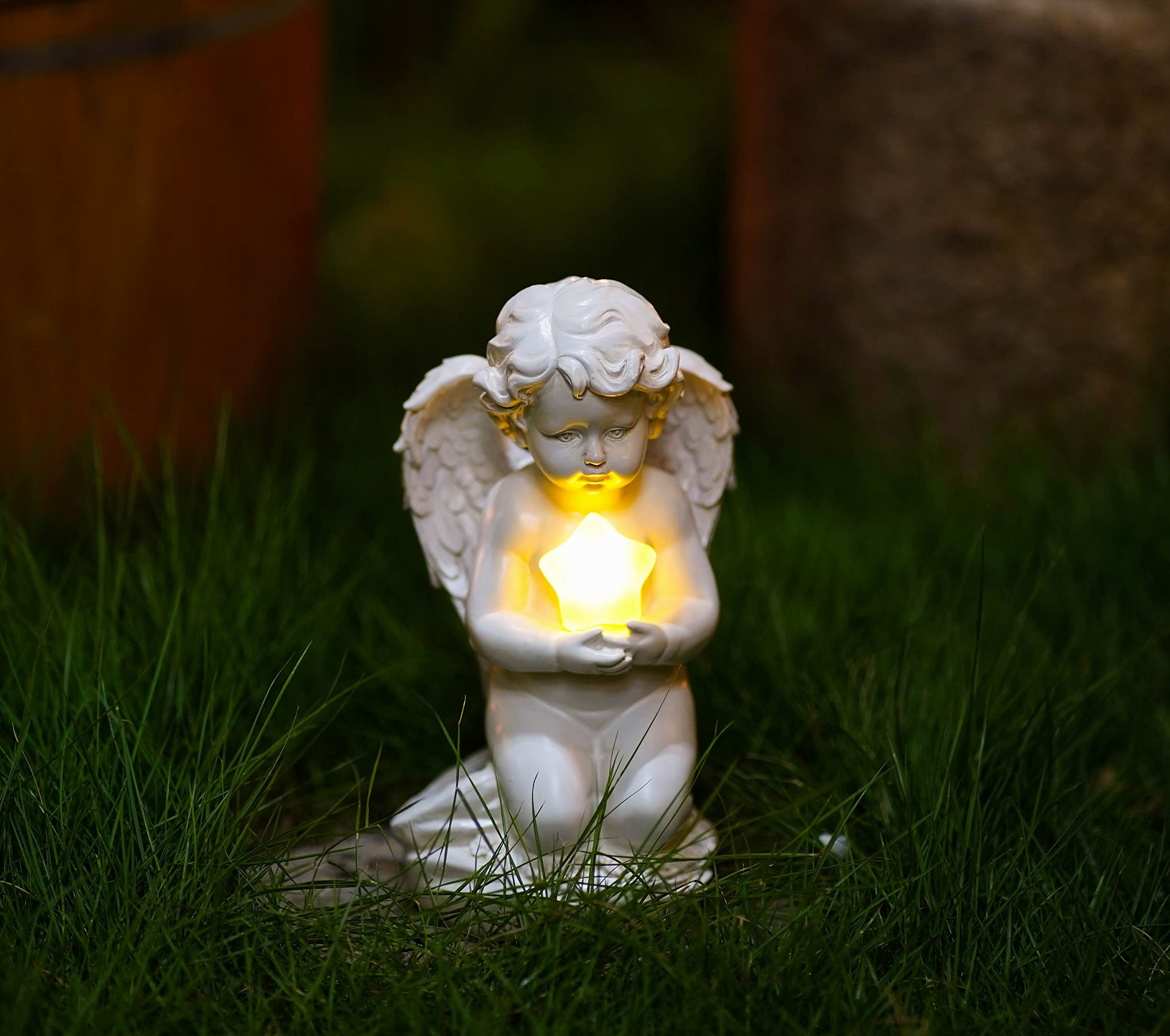 HONGRUIART Solar Powered Cherub Angel Light, Kneeling Praying Cherub Angel Statue with Solar Star Lights Garden Angel Decor for Home Outdoor Patio Lawn Mother's Day Remembrance Gifts